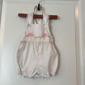 Vintage baby romper pink dots w pink birds floral embroidered by color kids 12m